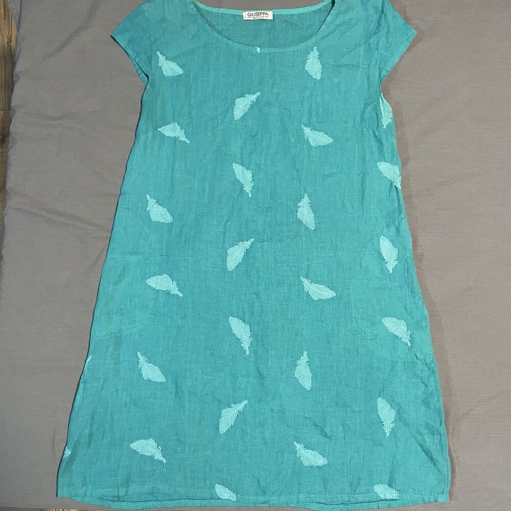 Giusepp Collection Teal Linen Women’s Shift Dress Embroidered Leaf One Size